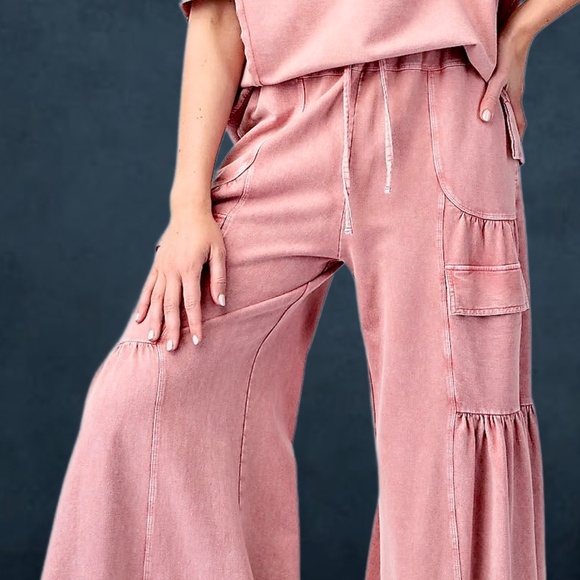 EASEL “Lovin’ It” Cotton Mineral Washed Pants Relax Fit Wide Ruffled Leg Pockets - Picture 9 of 14